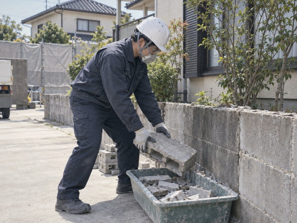 ブロック塀を一つずつ外して回収する作業員
