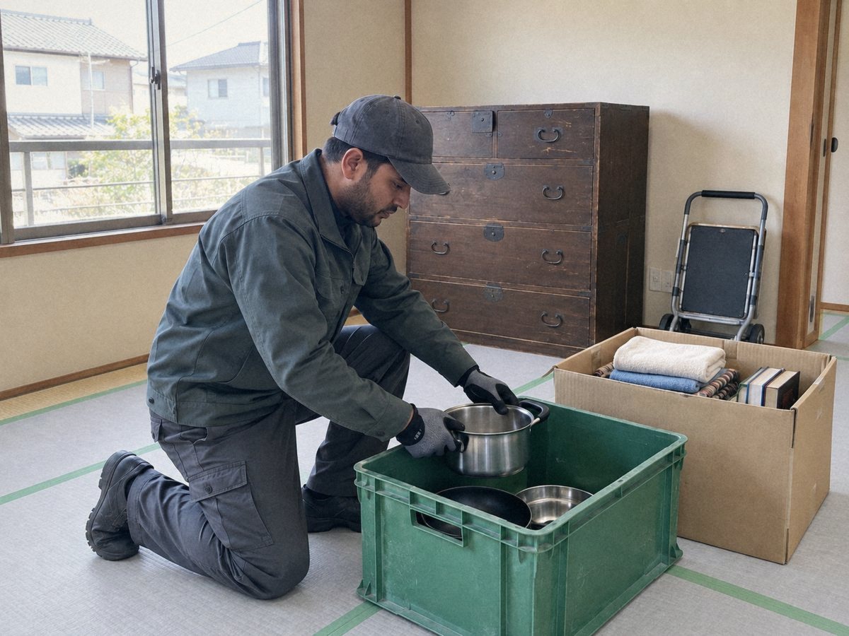 和室で残置物を仕分けて箱に詰める作業員